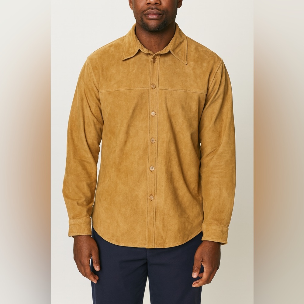 Men's Suede Button-Down Shirt - Camel